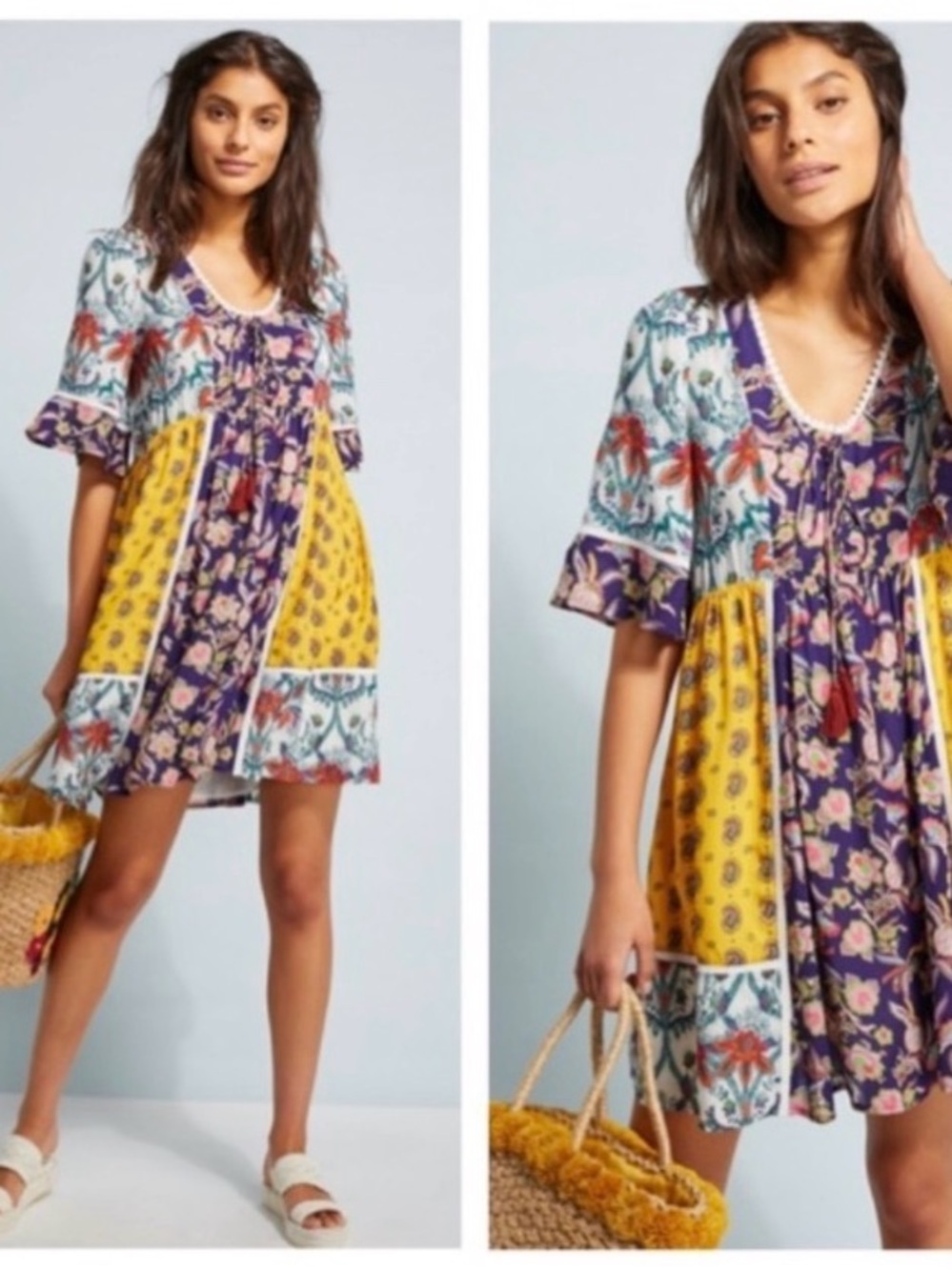 Lilka Anthropologie Patchwork Floral Mini Dress in Yellow & Purple Size XS